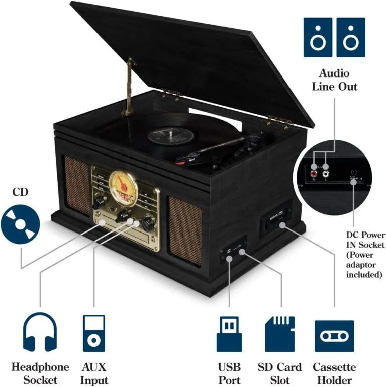  SoundBeast Tocadiscos retro de madera con reproductor de discos  de vinilo de 3 velocidades, altavoces estéreo incorporados, Bluetooth,  entrada auxiliar, reproducción USB y grabación USB a MP3 : Electrónica