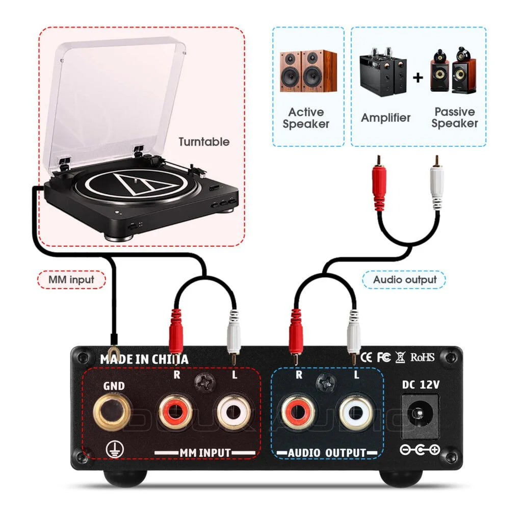 Preamplificador de fono para tocadiscos MM preamplificador de fonógrafo  mini estéreo de audio Hi-Fi preamplificador para reproductor de discos